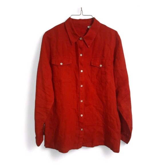 Chico's Tops - Lino By Chico's Red Button Up Shirt Size 2, M 100% Linen Valentines Luxury